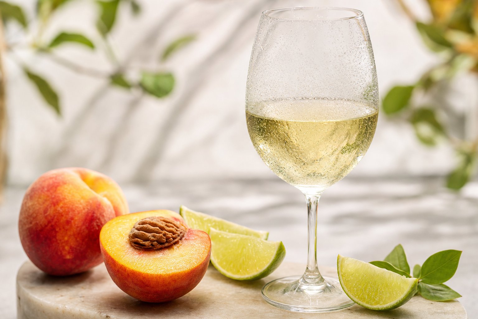 Gekühltes Glas Riesling mit frischer Limette und Pfirsich