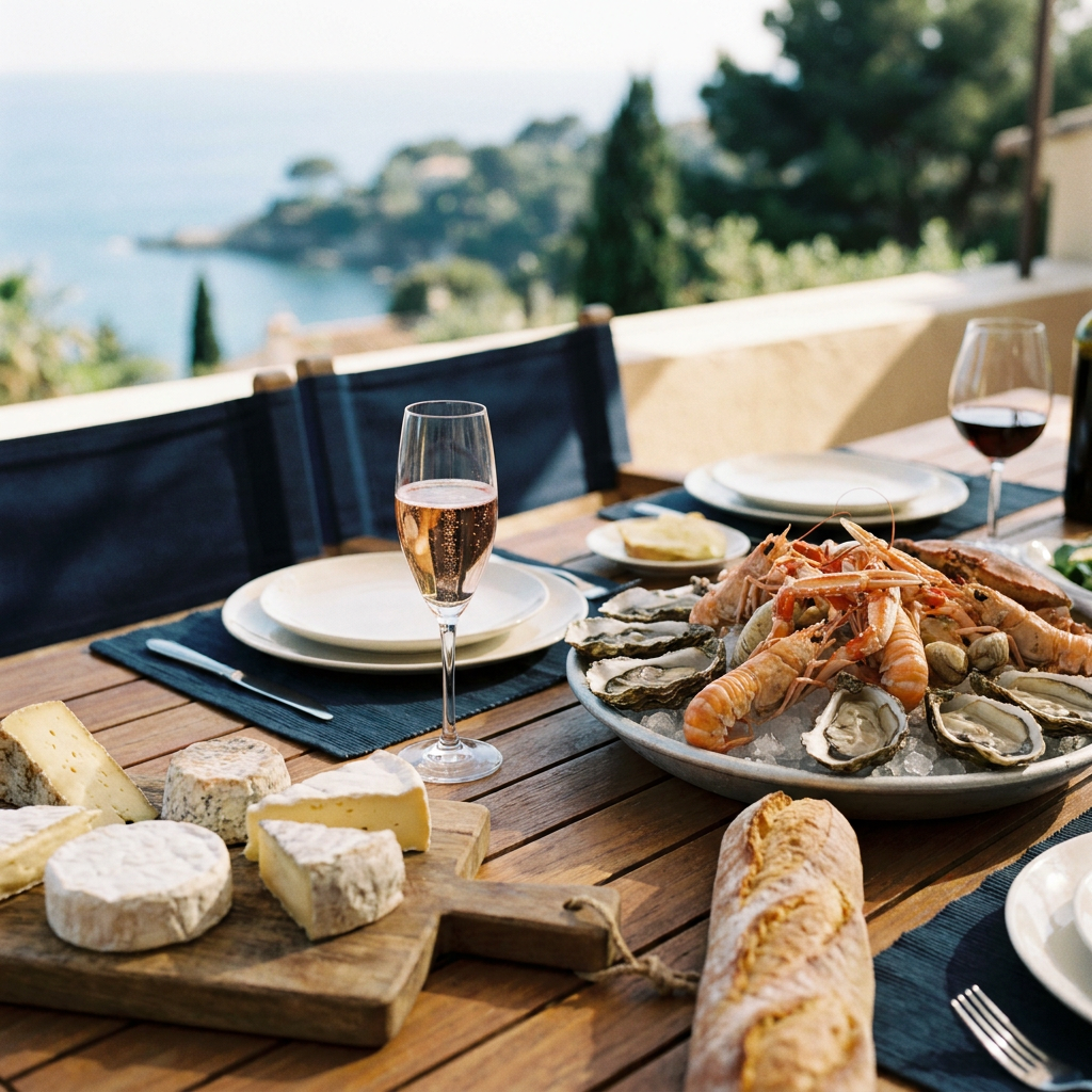 Gedeckter Tisch mit einem Glas Crémant Rosé, Meeresfrüchten und Käse