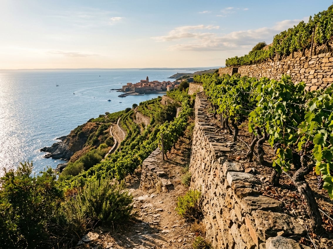 Rebterrassen mit Trockensteinmauern im Roussillon am Mittelmeer