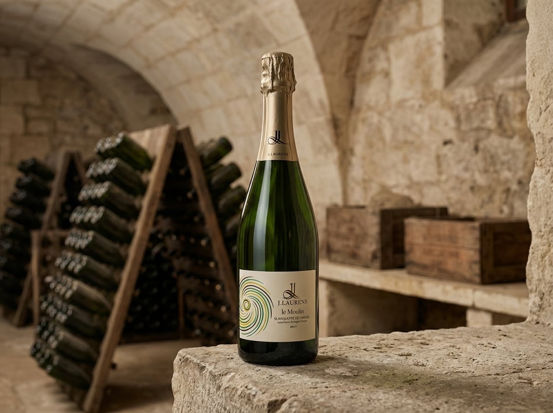 Flasche J. Laurens Blanquette de Limoux im Gewölbekeller mit Rüttelpulten