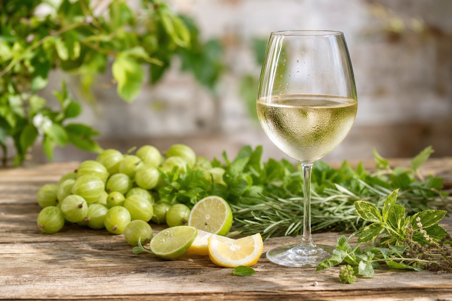 Gekühltes Glas Weißwein mit frischen Stachelbeeren, Kräutern und Zitrus