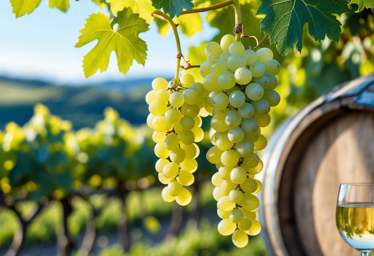 Nahaufnahme reifer Müller-Thurgau Trauben an der Rebe mit einem Glas hellgelben Weißweins