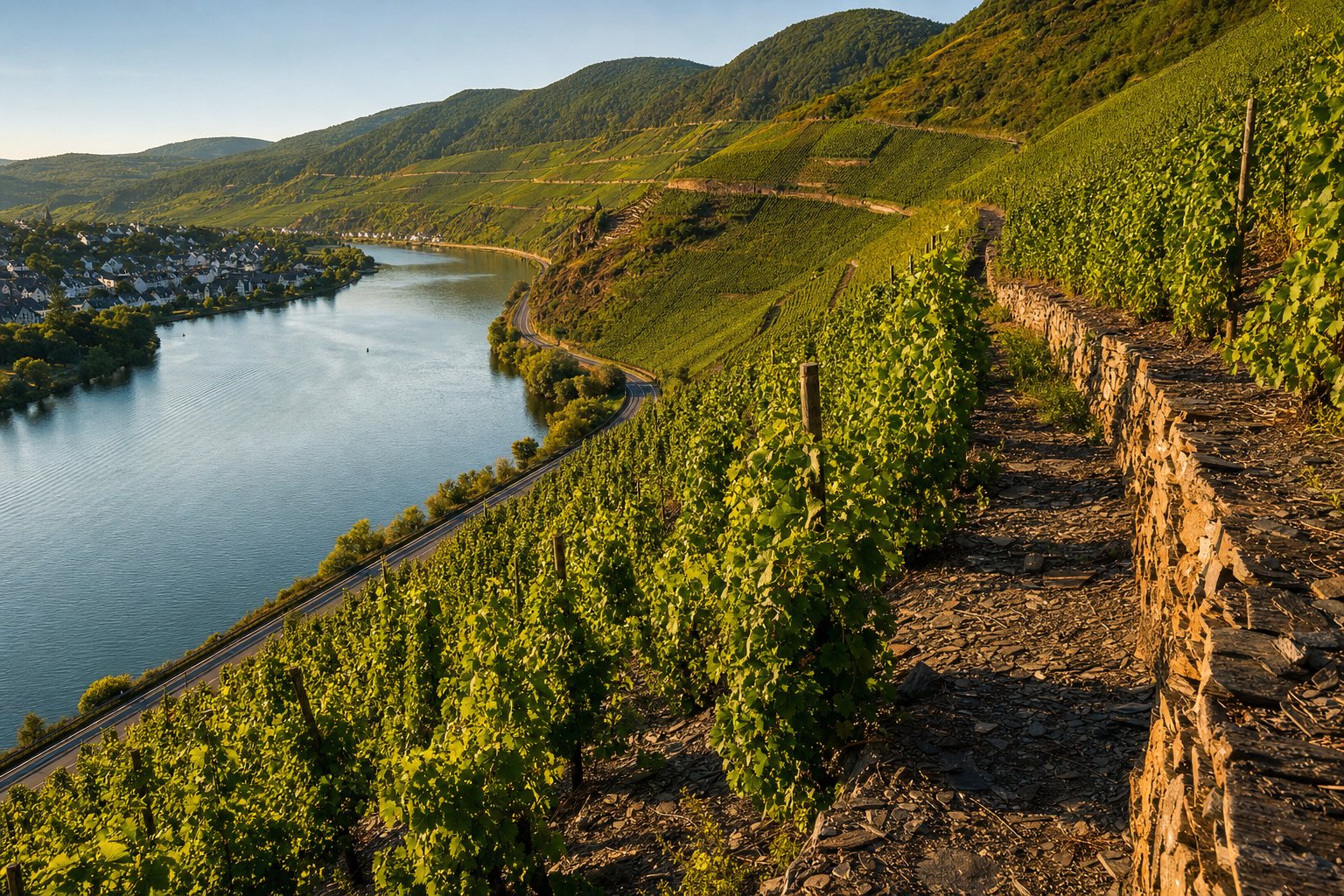 Steile Schieferweinberge an der Mosel mit Rebzeilen im goldenen Nachmittagslicht