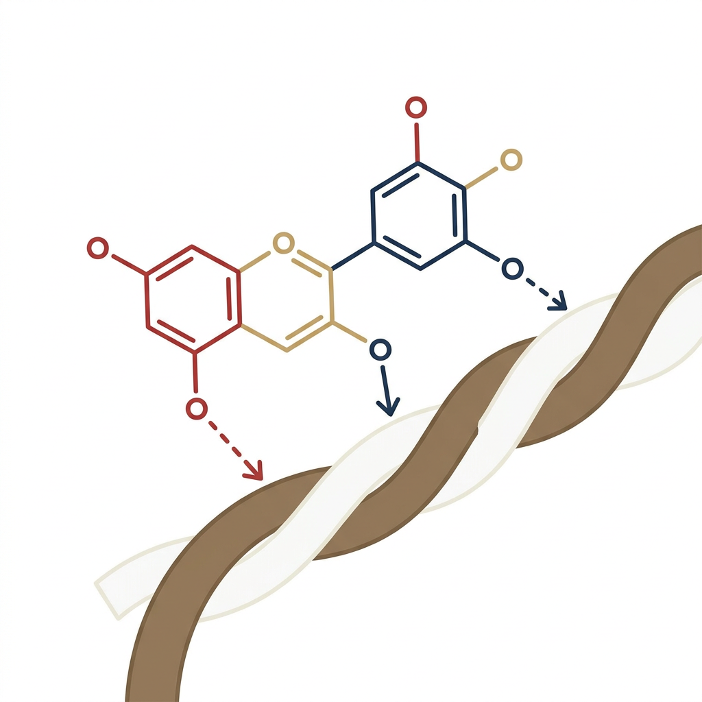 Schematische Darstellung eines Anthocyan-Moleküls, das sich an eine Textilfaser bindet