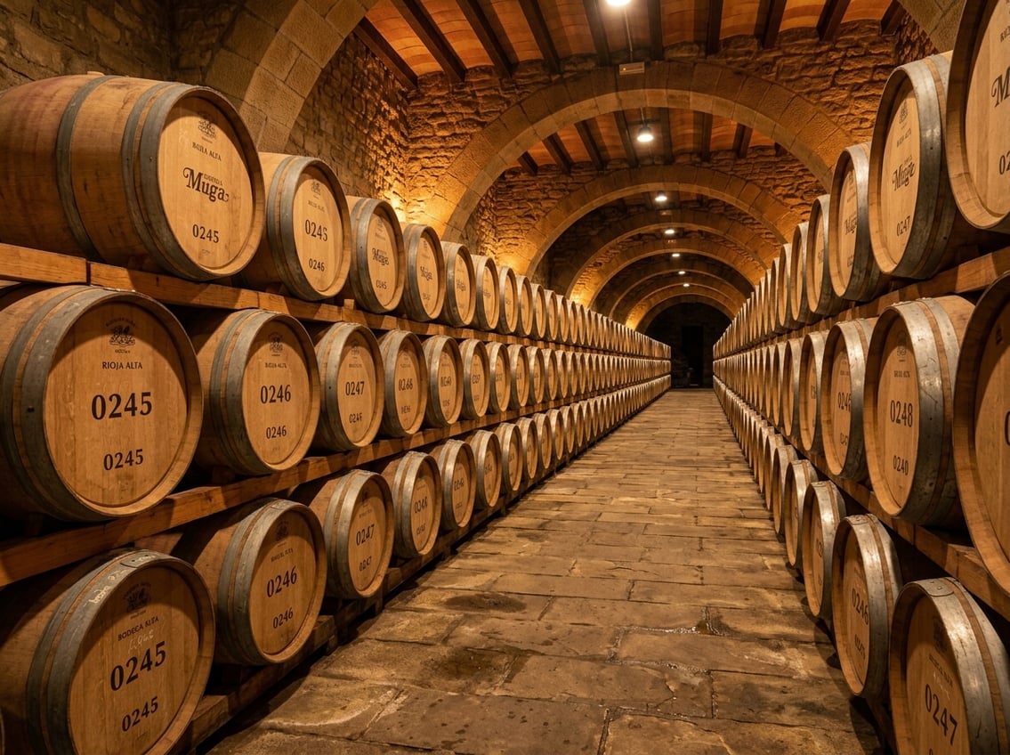 Barrica-Fässer im Reifekeller einer Rioja-Kellerei