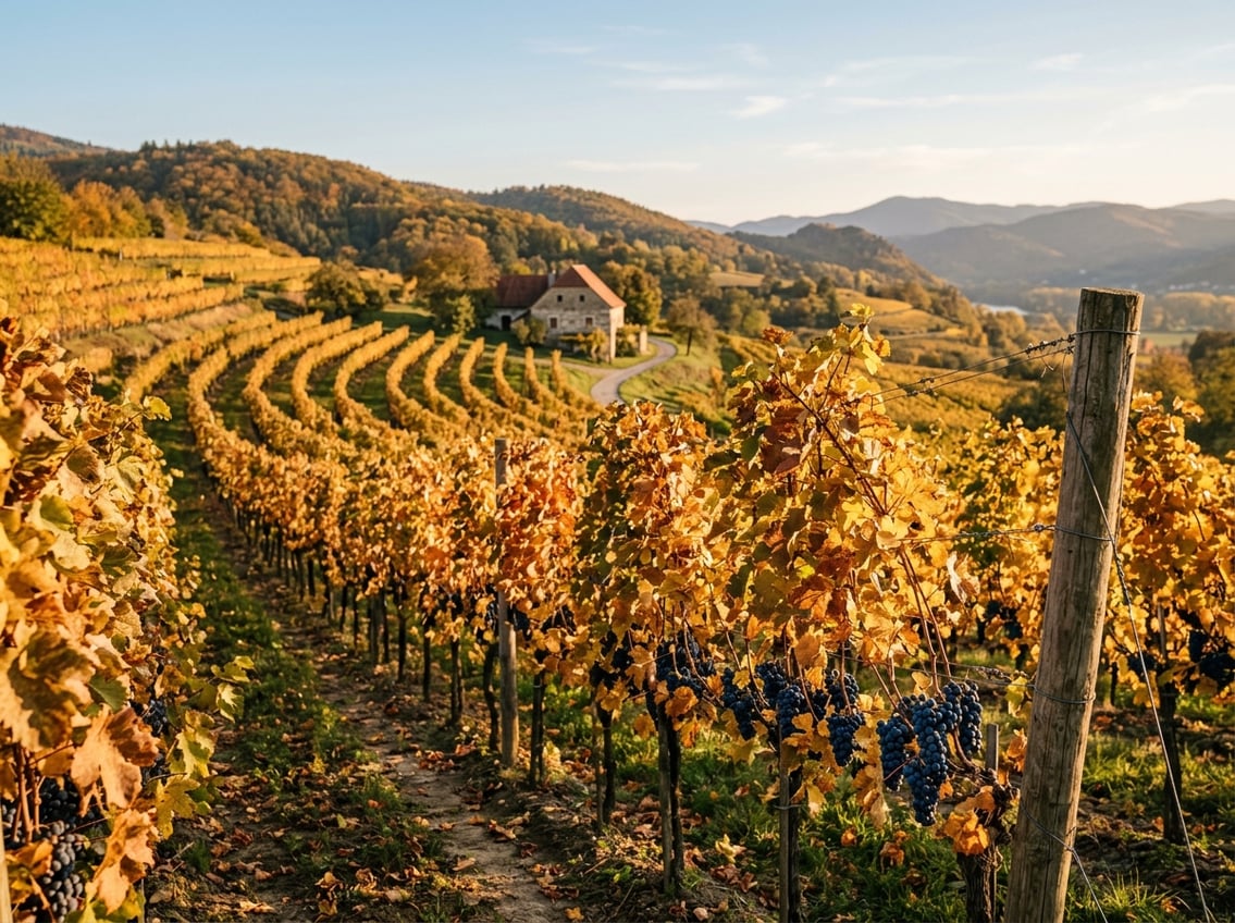 Goldener Spätherbst-Weingarten mit letzten Trauben für die Spätlese
