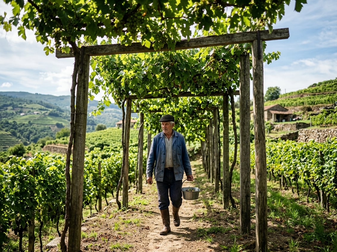 Traditionelle Pergola-Reberziehung in einem Weinberg im Vinho-Verde-Gebiet