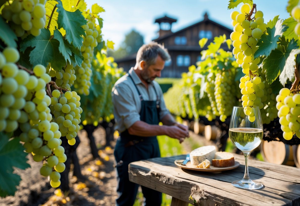 Winzer im Müller-Thurgau Weinberg, im Vordergrund ein Glas Weißwein mit Käse und Brot