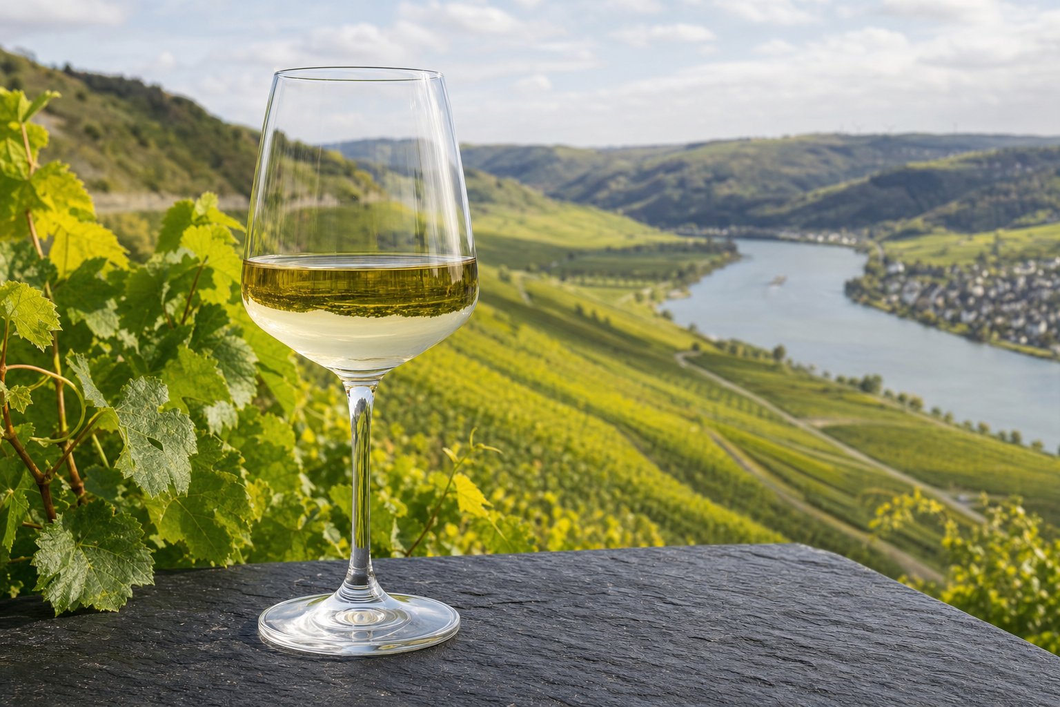 Glas Riesling-Weißwein auf Schieferstein mit Blick auf die steilen Weinberge an der Mosel