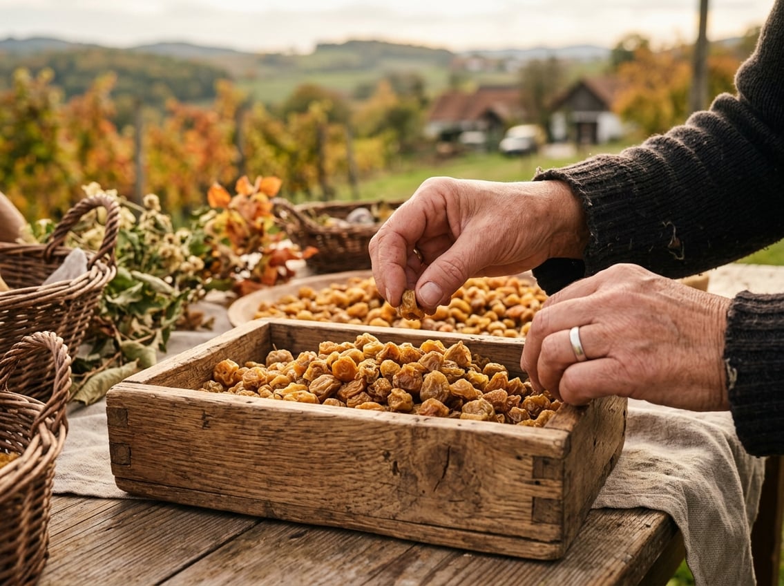 Handverlesene edelsüße Beeren bei der Auslese im Burgenland