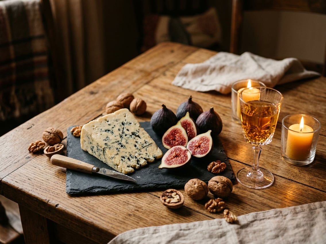 Dessertwein zu Käse und Feigen bei Kerzenlicht