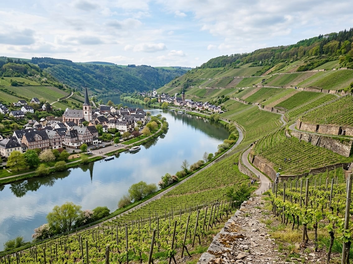 Deutsche Steillagen-Weinberge über einem ruhigen Flusstal