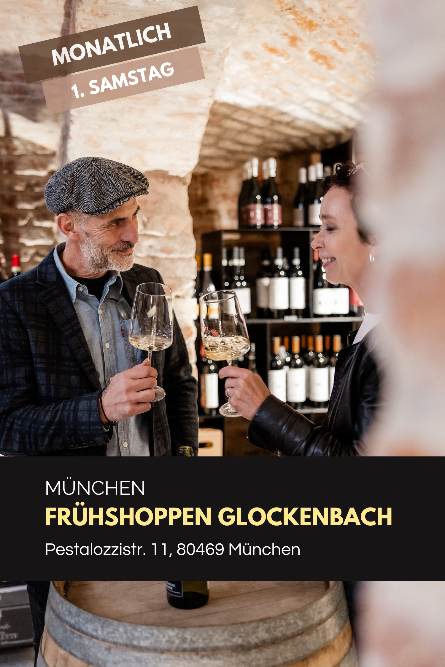 Mann und Frau genießen ein Glas wein im Weinkeller - Banner für  das Frühshoppen Event von VINOVIT