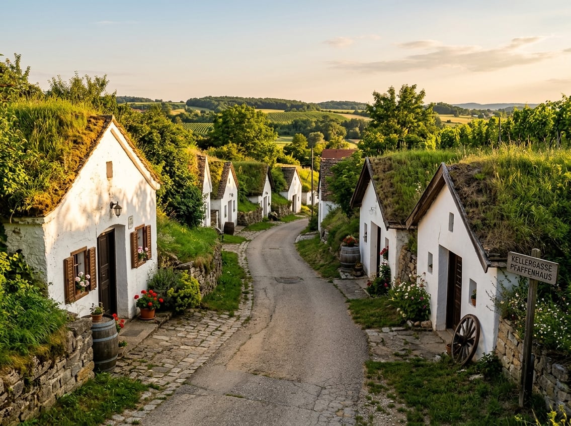 Traditionelle Kellergasse im Weinviertel am Abend