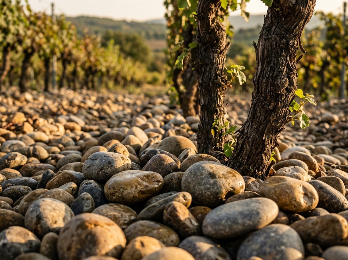 Runde Rollkiesel zwischen den Rebstoecken der Rhone