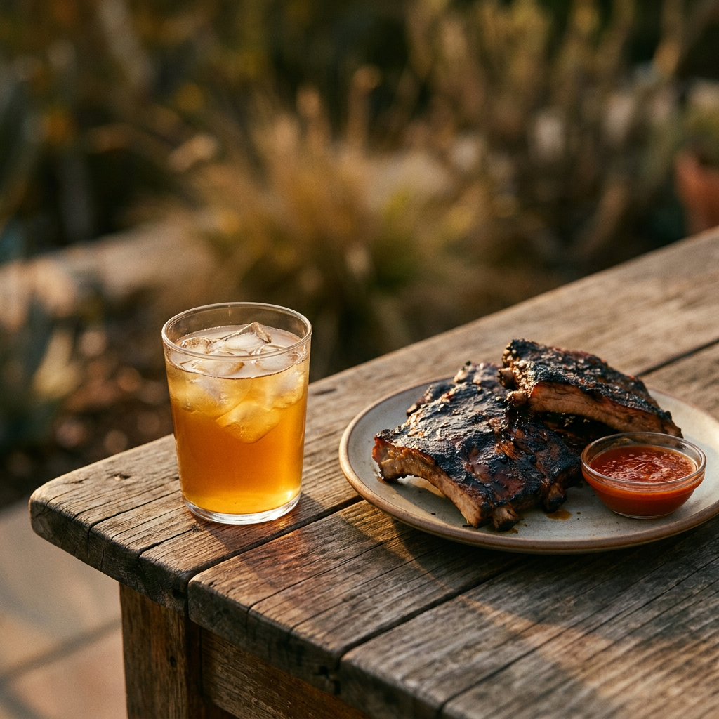Glas bernsteinfarbener Kombucha mit Eiswürfeln neben gegrillten Rippchen und scharfer Sauce