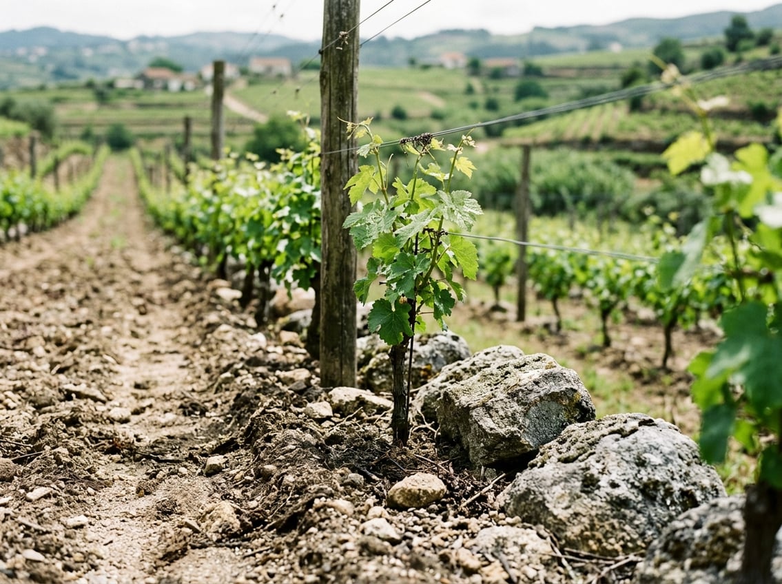Granitboden mit jungen Reben in einem portugiesischen Weinberg