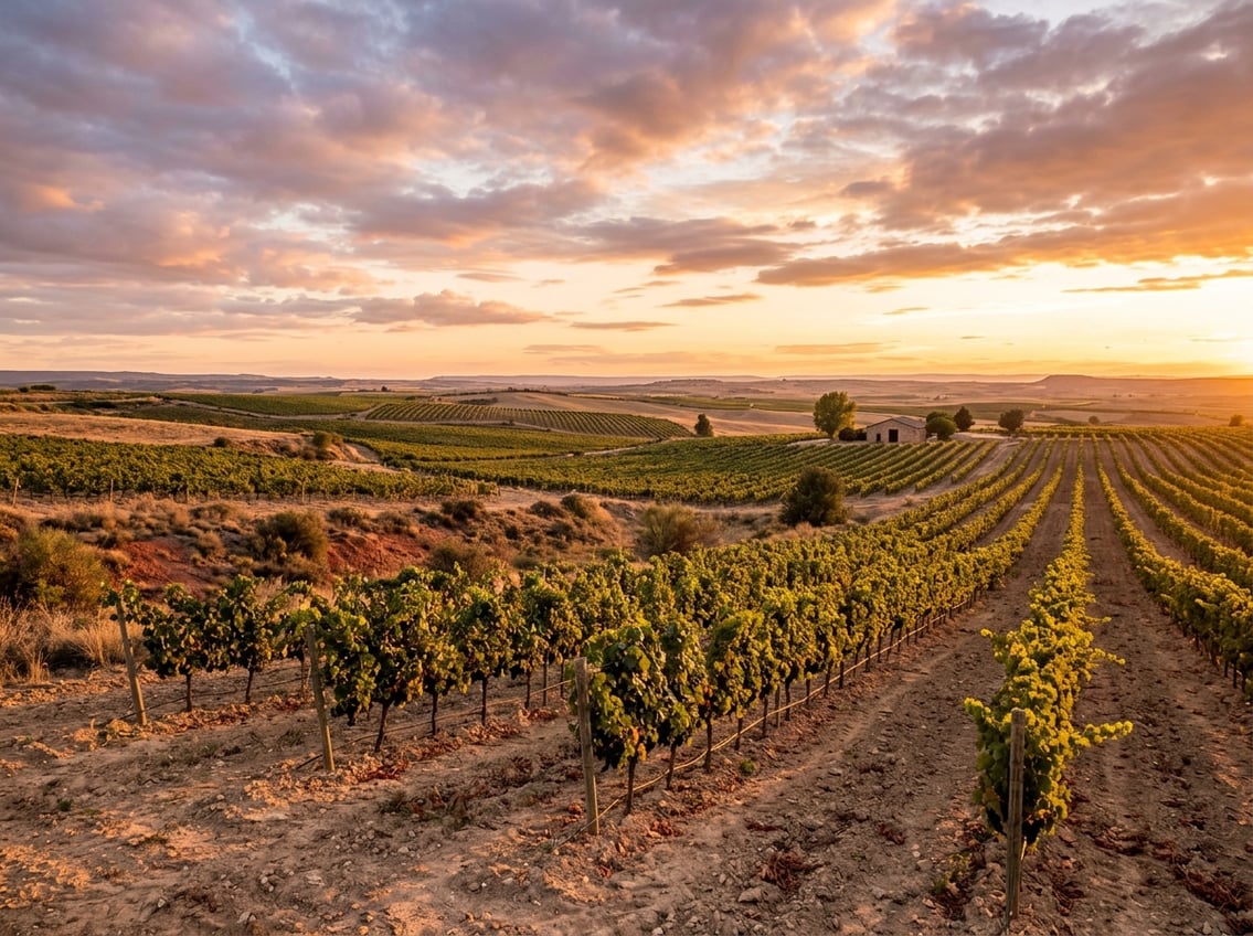 Weinberge auf der spanischen Hochebene bei Abenddämmerung