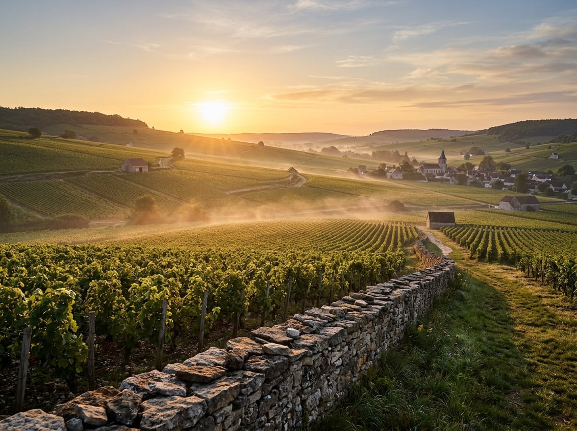 Morgenlicht ueber den Rebzeilen der Cote-d'Or