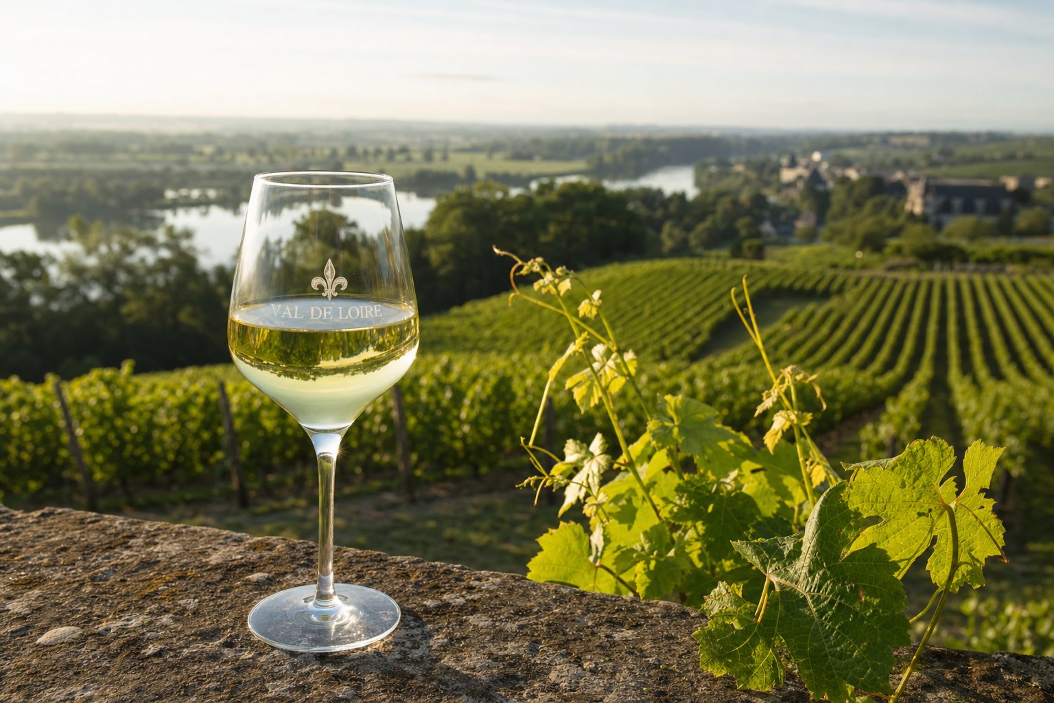 Glas grünlich schimmernder Sauvignon Blanc vor den grünen Weinbergen des Loire-Tals