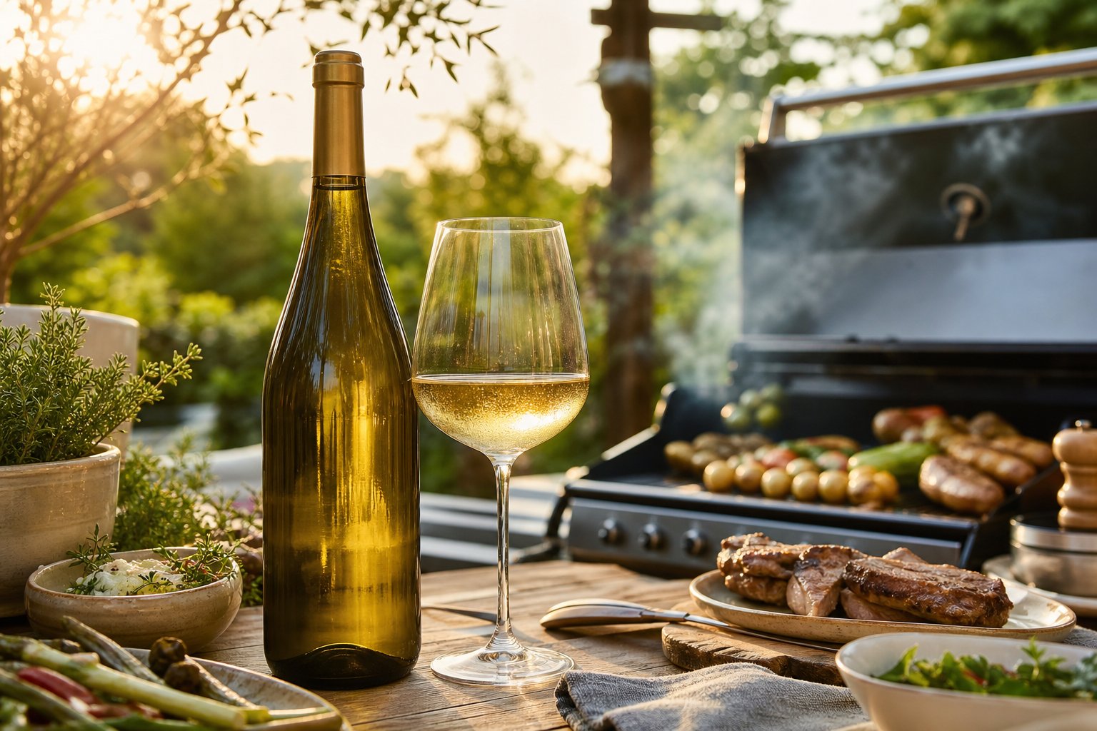 Flasche Chardonnay und Weinglas neben einem Grill mit Fleisch und Gemüse im Garten.
