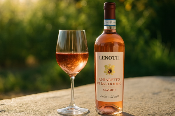 Chiaretto di Bardolino Rosé mit einem Glas in der Sonne