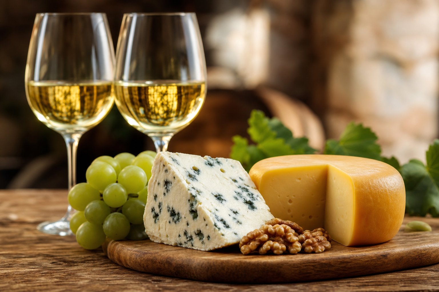 Roquefort und Käse mit zwei Gläsern edelsüßem Wein auf einem Holzbrett