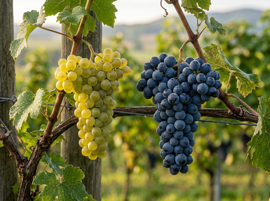 Grüner Veltliner und Zweigelt Trauben am Rebstock