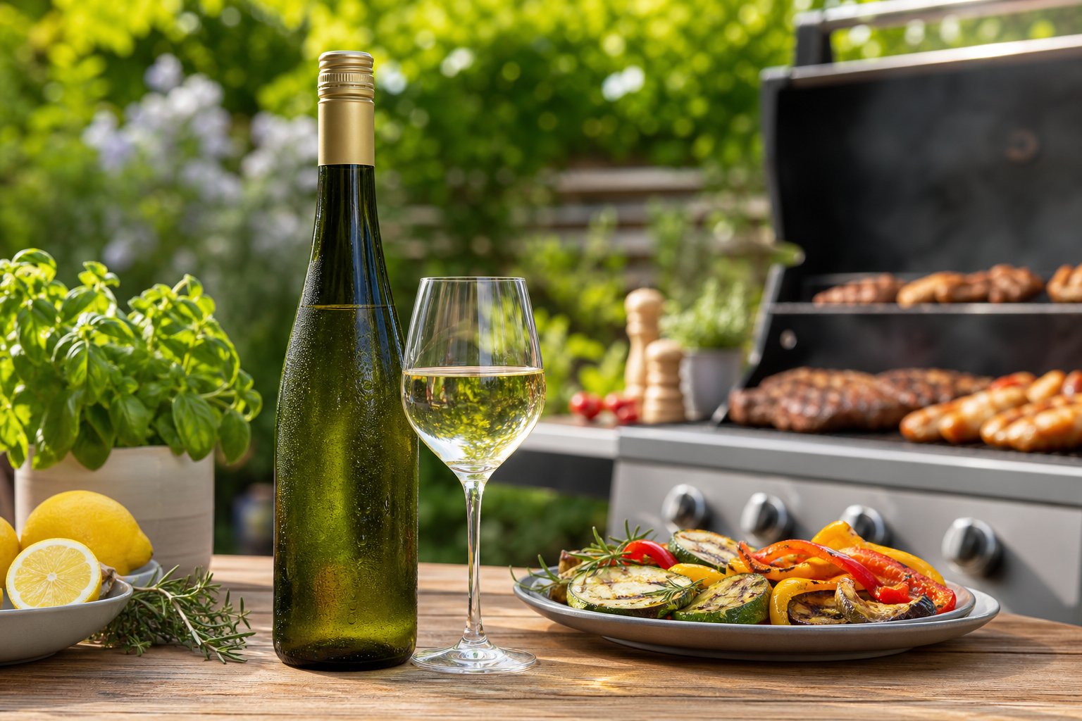 Flasche Riesling Kabinett mit Weinglas auf Holztisch neben Grill mit gegrilltem Essen im Garten.