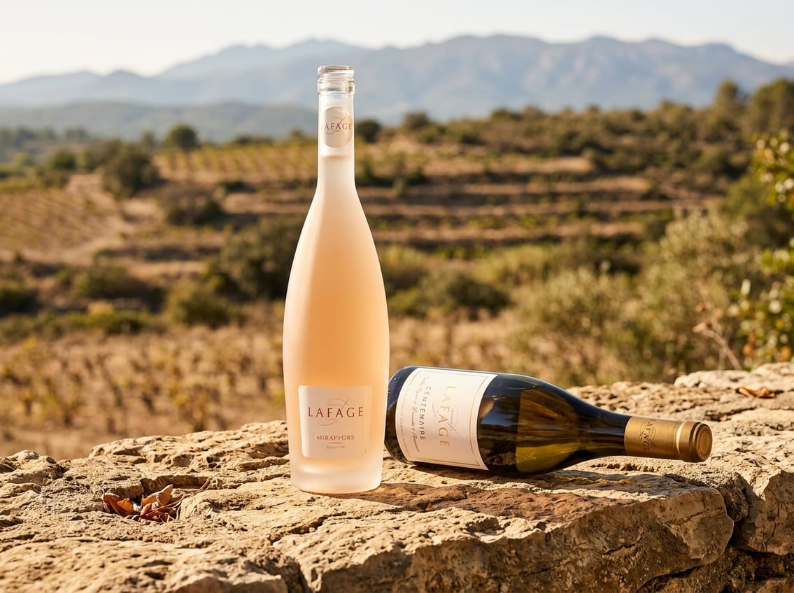 Flaschen Domaine Lafage Miraflors Rosé und Cuvée Centenaire vor der Roussillon-Landschaft