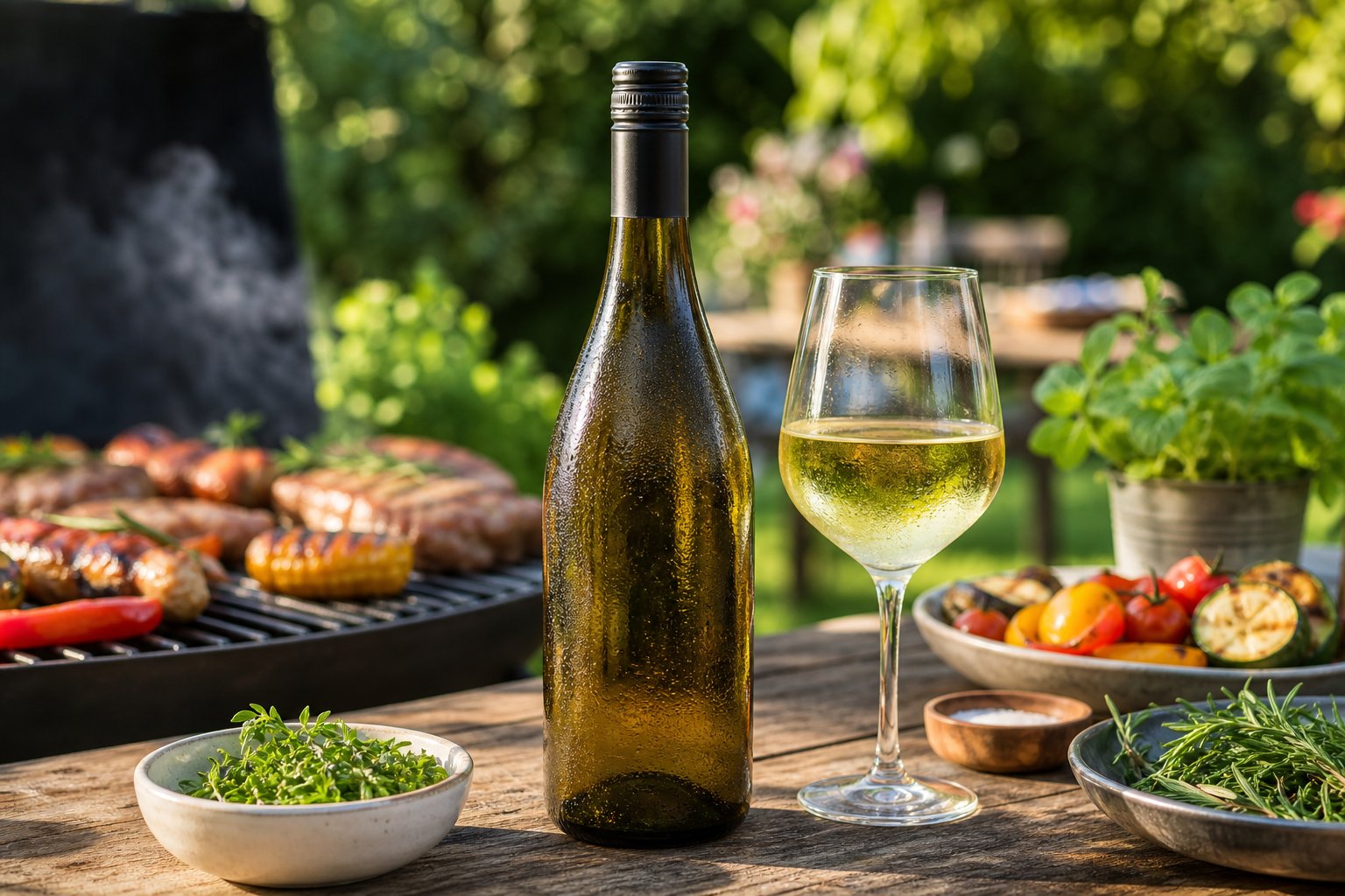 Eine Flasche Grauburgunder Wein steht auf einem Holztisch neben einem Glas Wein und einem Grill mit verschiedenen Speisen im Garten.