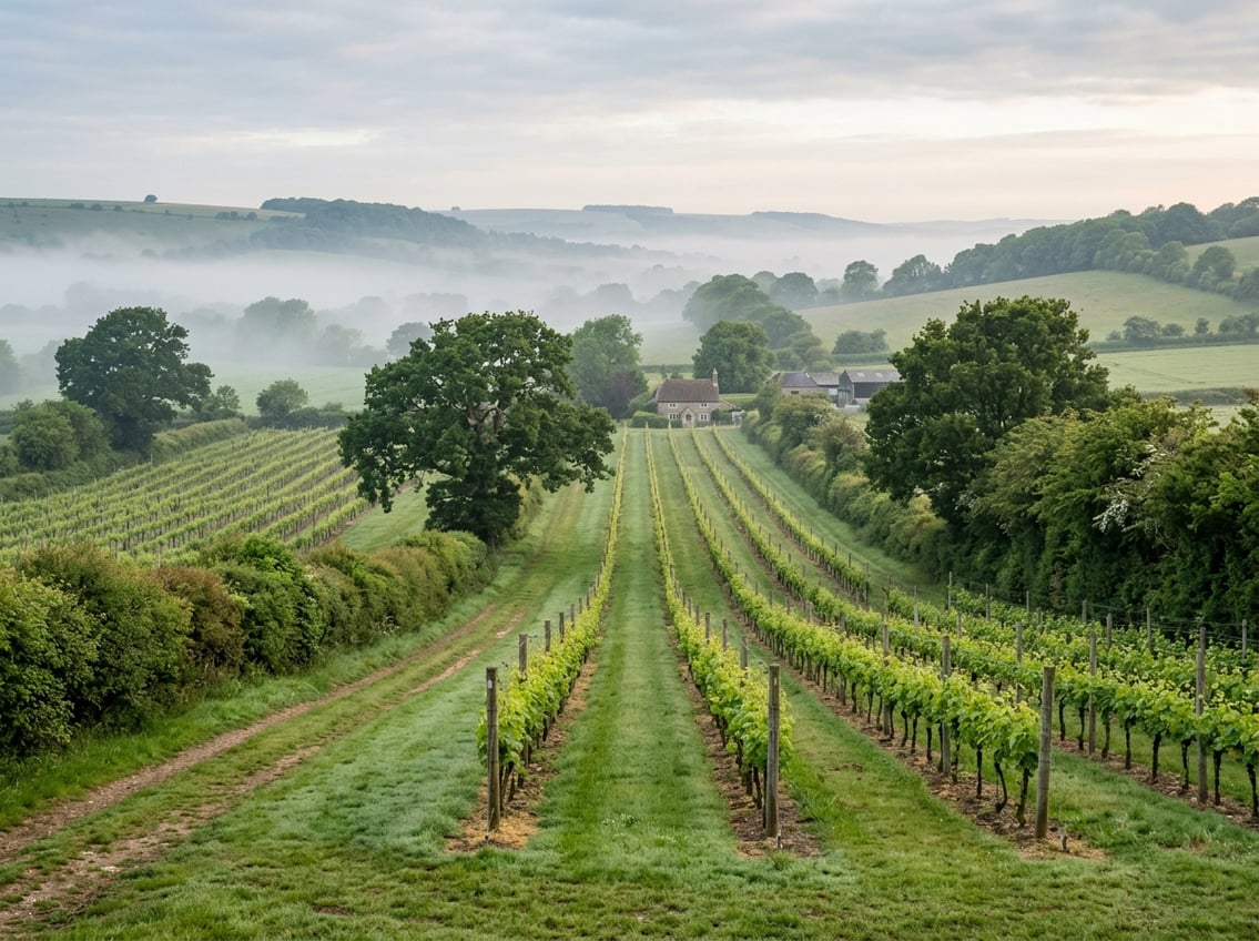 Junge Rebzeilen zwischen Hecken in der englischen Landschaft