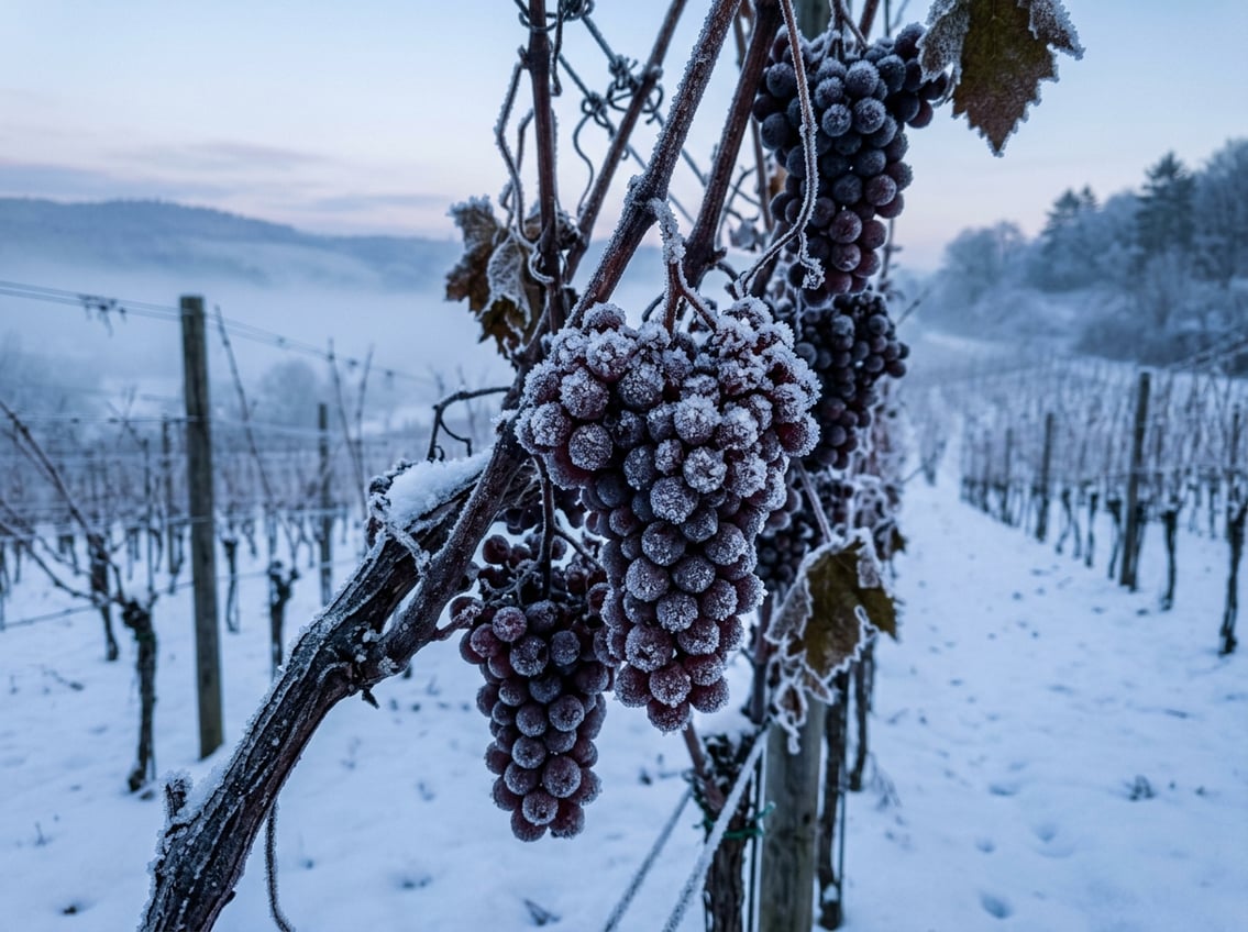 Gefrorene Trauben am Rebstock für die Eisweinlese