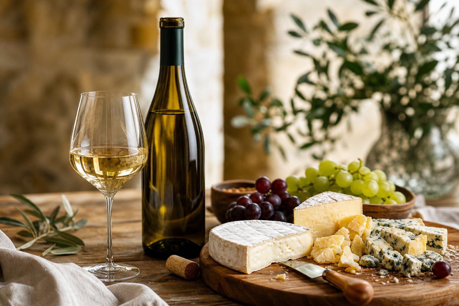 Flasche Chablis Premier Cru mit Weinglas und einer Auswahl an verschiedenen Käsesorten auf einem Holztisch.