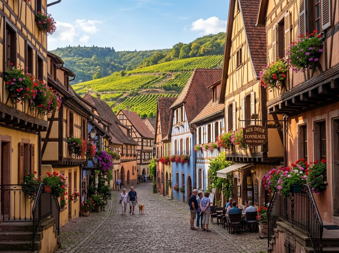 Fachwerkdorf mit Weinbergen im Elsass