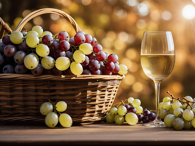 Ein Glas ca dei frati lugana schn angerichtet mit Weintrauben im Hintergrund