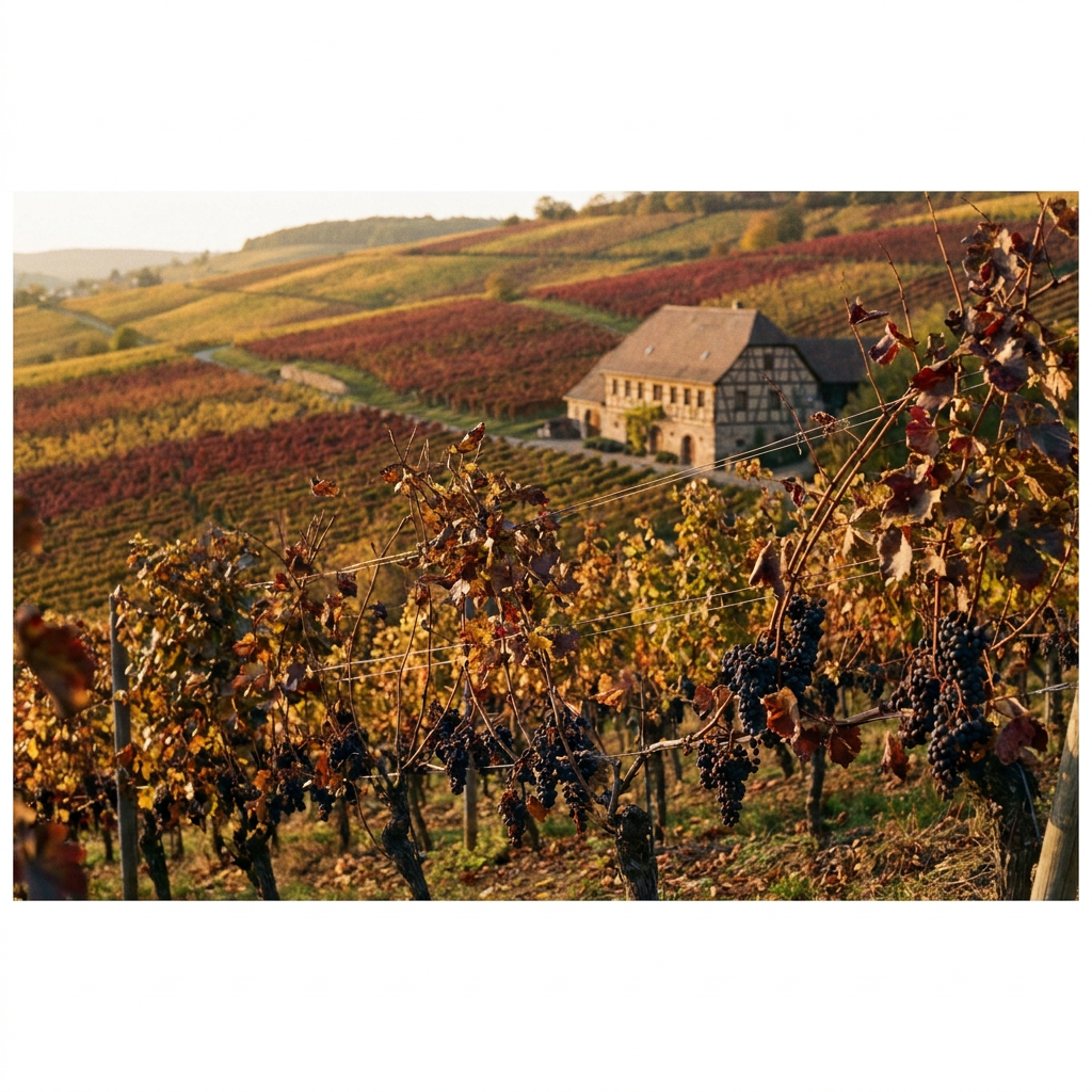 Weinberg im Herbst mit roten Blättern an den Reben, im Hintergrund ein deutsches Weingut