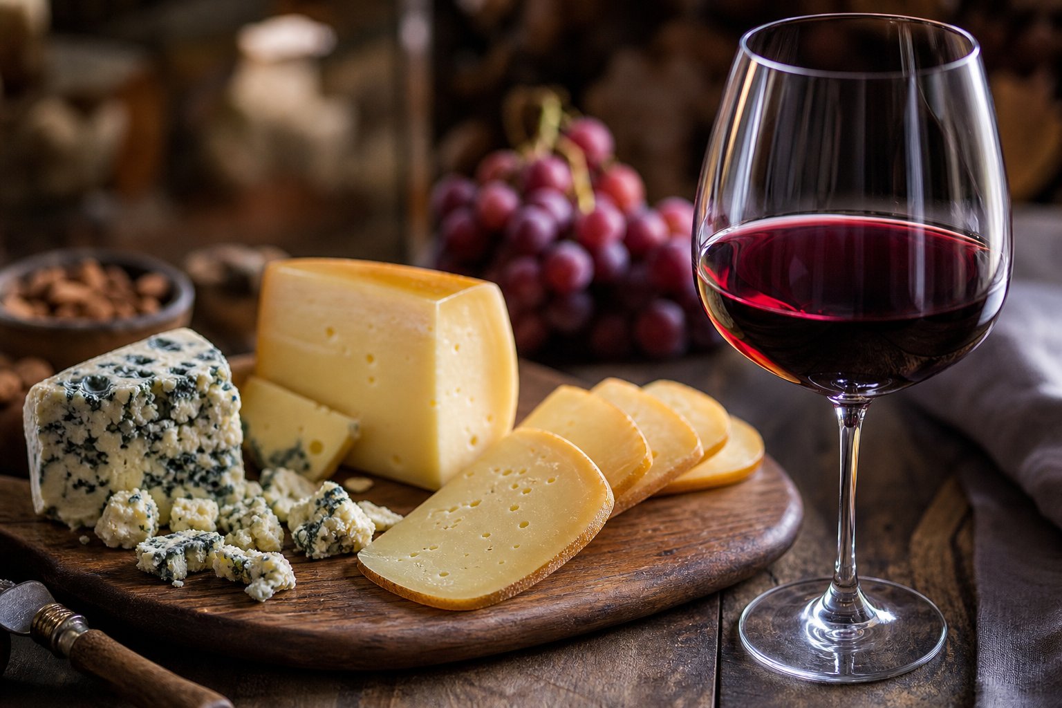 Alter Gouda und Blauschimmelkäse auf einem Holzbrett mit einem Glas Wein