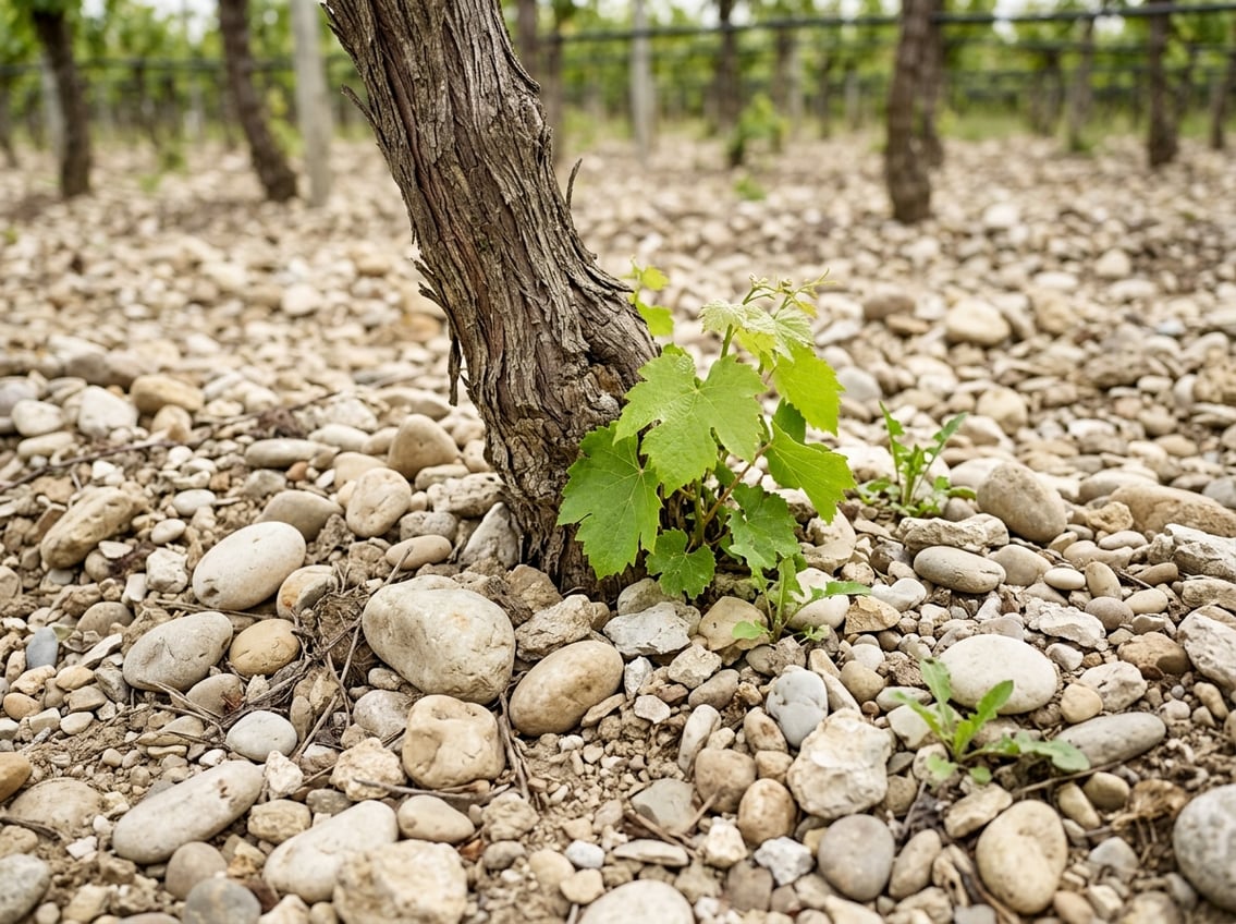 Schotter- und Kiesböden der Grave del Friuli am Rebstock