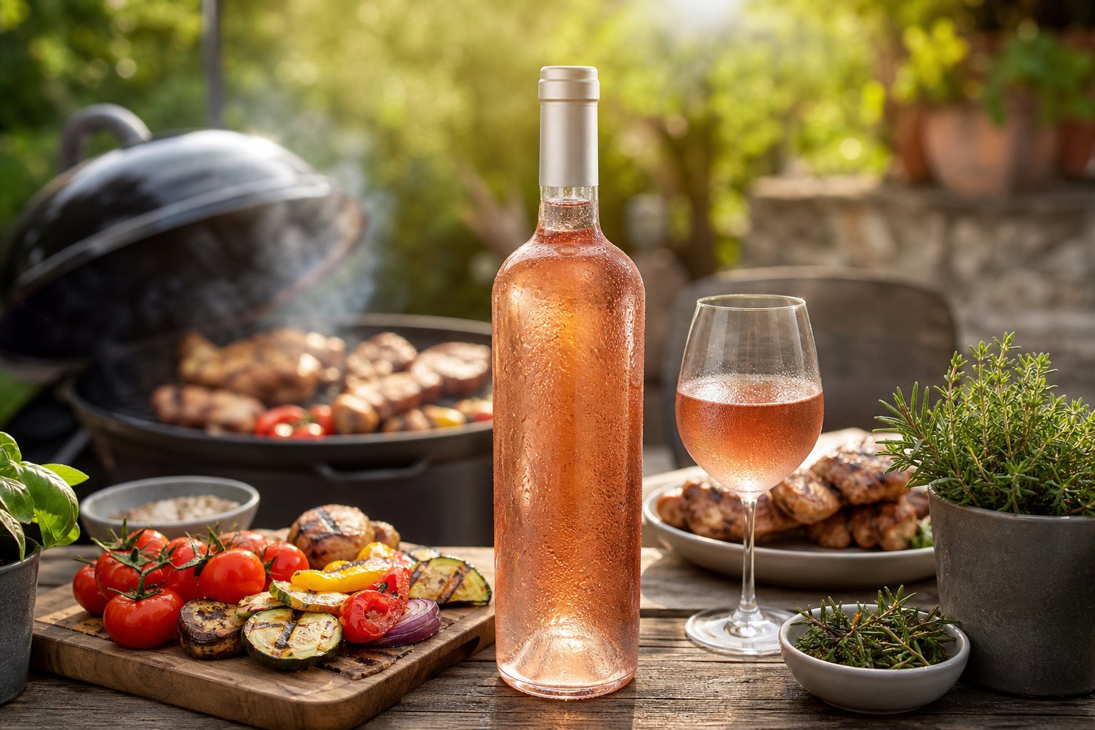 Eine Flasche Roséwein aus der Provence auf einem Holztisch neben einem Grill mit gegrilltem Essen im Garten.
