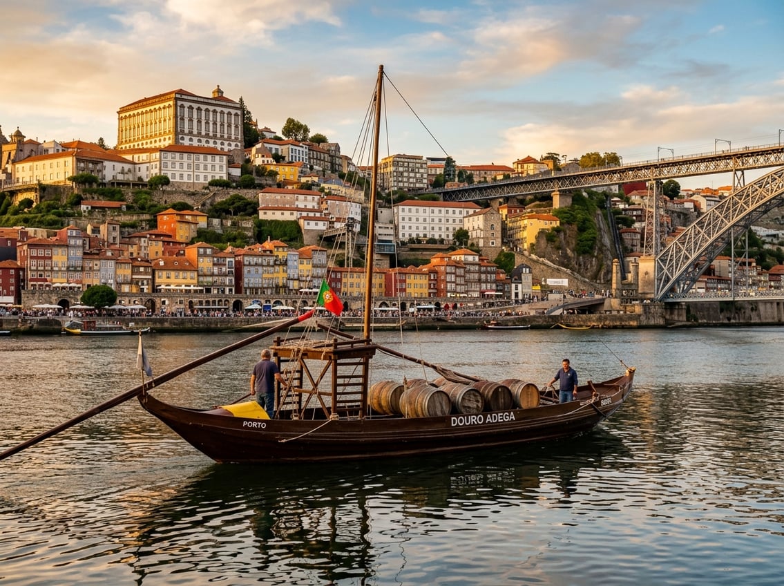 Traditionelles Rabelo-Boot mit Weinfässern auf dem Douro in Porto