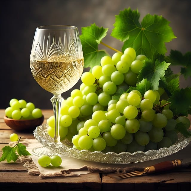 Ein Glas Retsina steht vor Weintrauben